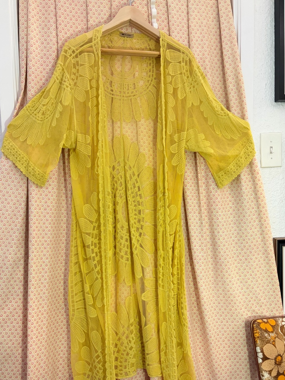 Klasiks Chartreuse Floral Lace Crochet Kimono Duster